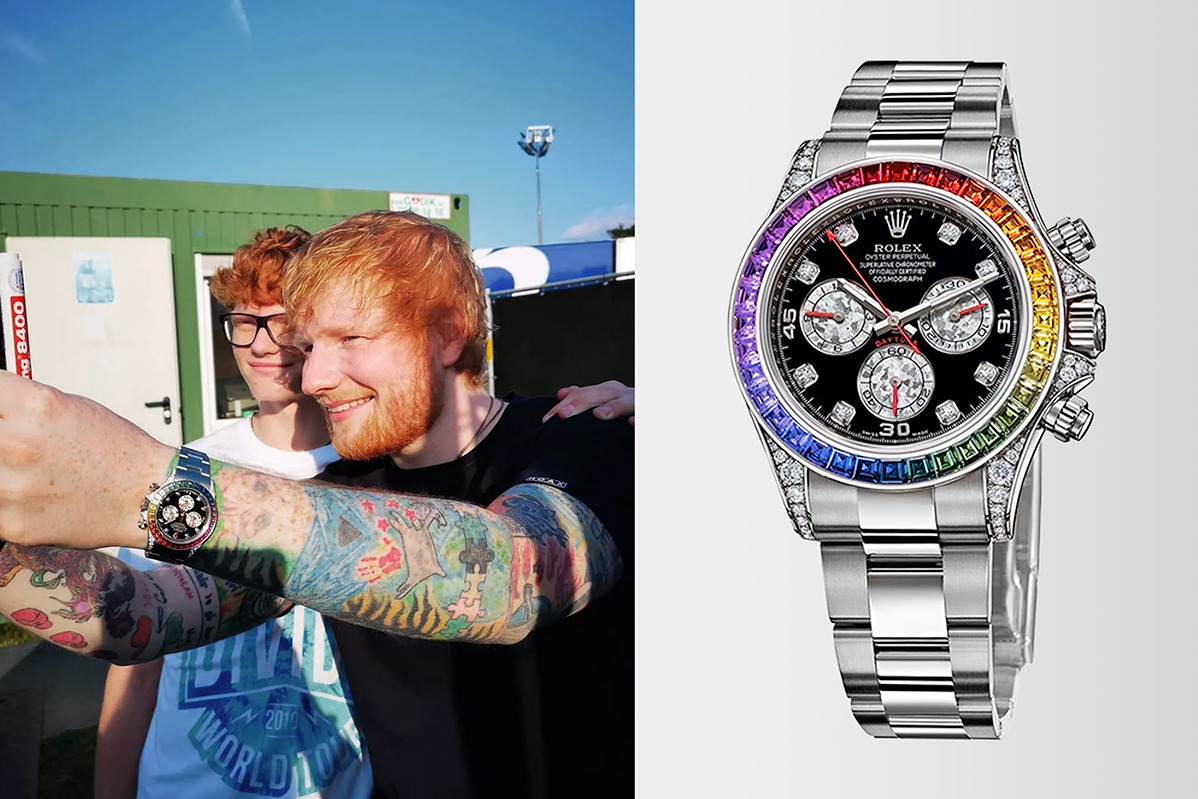 Ed-Sheeran wearing the Rolex Daytona 116599RBOW